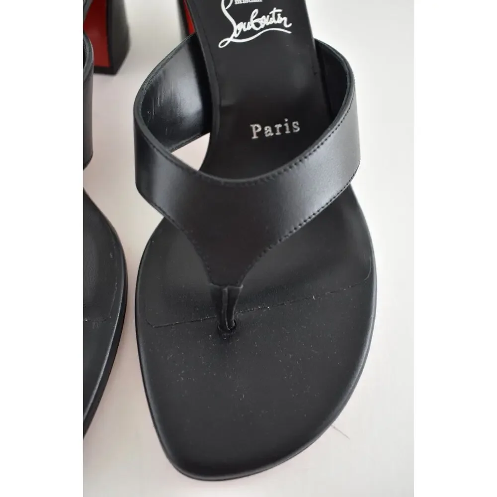 Christian Louboutin Janetonga 55 Black Leather Mule Thong Block Heel Sandal 37